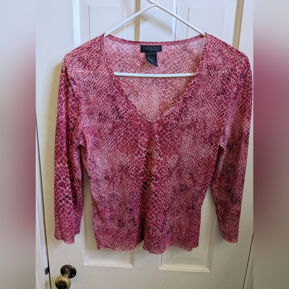 Express, Sheer, Sequined women's top. Large,Pink/Dark Red Snake Skin Pattern.